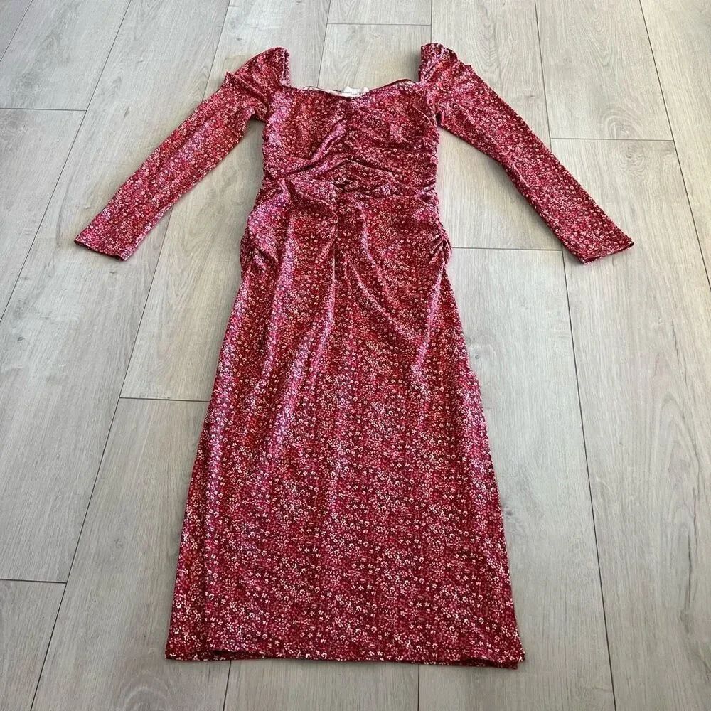 CHARLES HENRY Ruched Ditsy Floral Long Sleeve Midi Dress size L